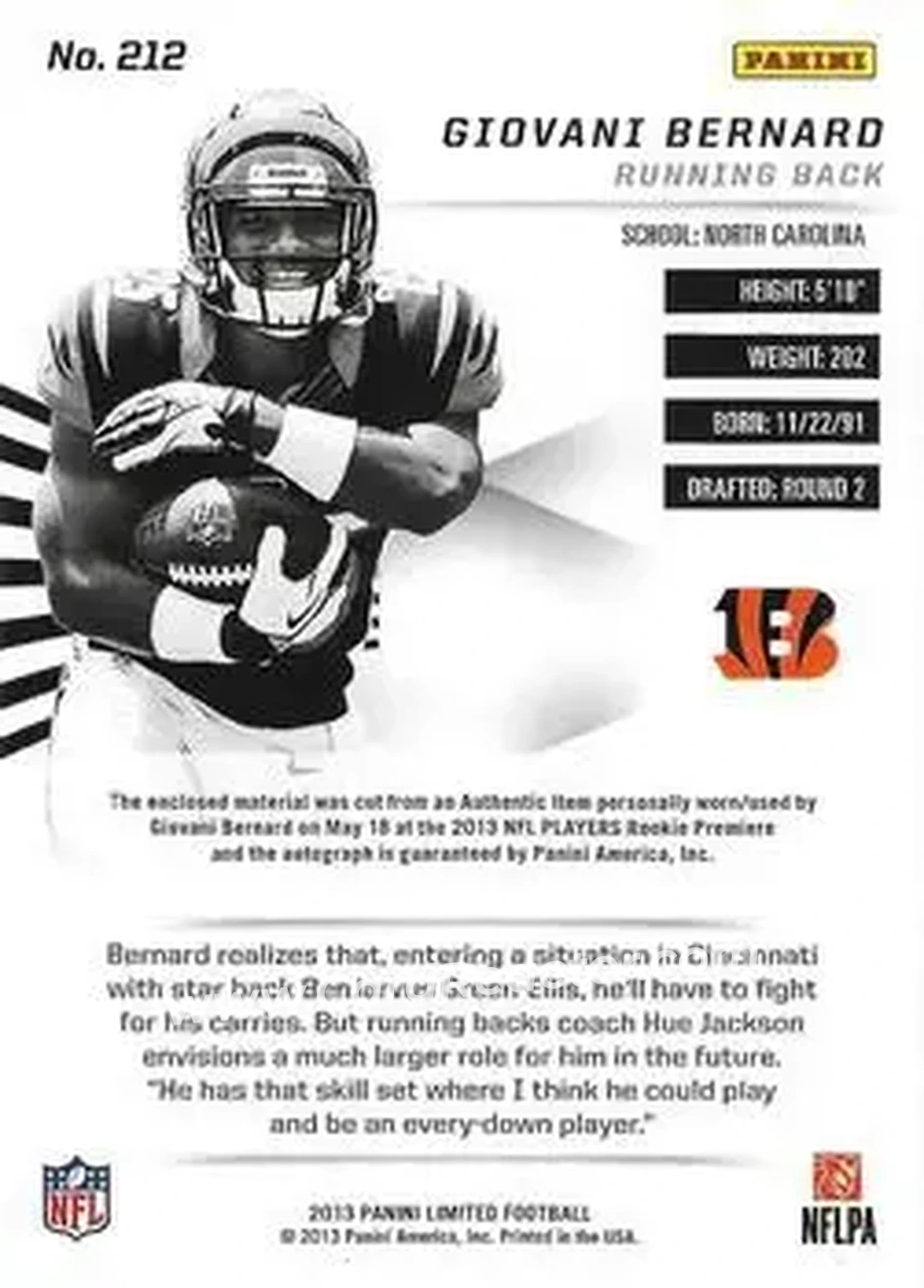 2013 Panini Limited - Gold Spotlight #212 - Giovani Bernard - Cincinnati Bengals - Back