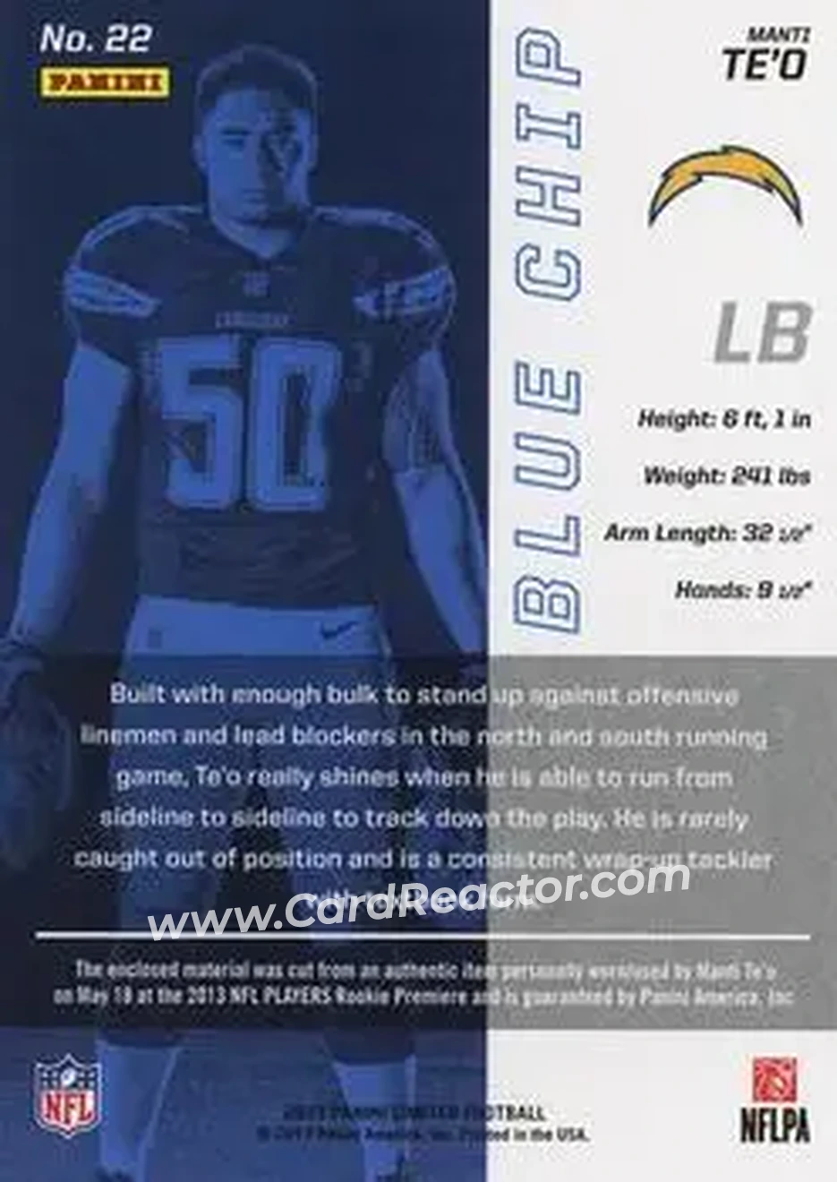 2013 Panini Limited - Blue Chip Jerseys #22 - Manti Te'o - San Diego Chargers - Back