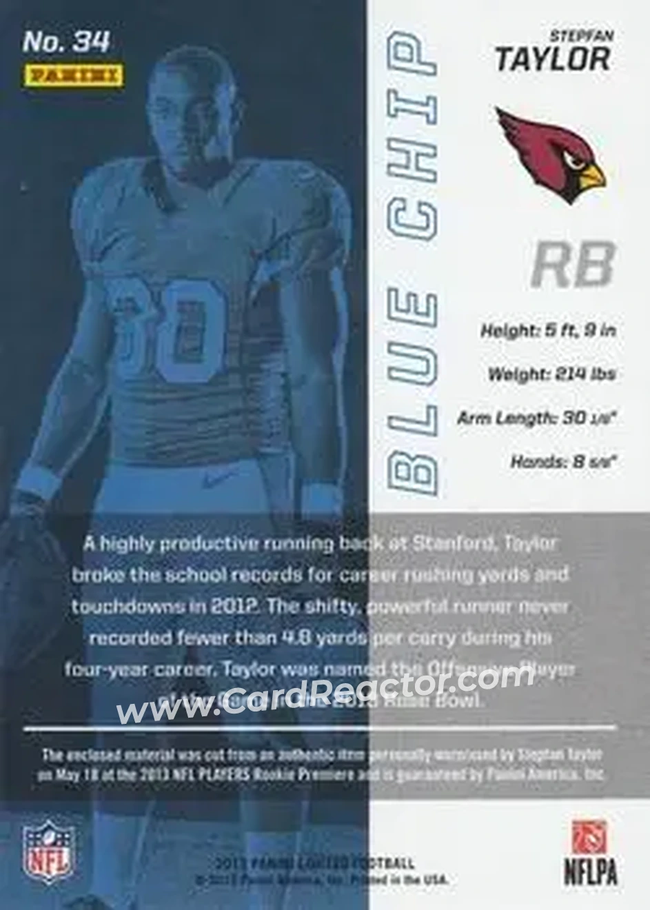 2013 Panini Limited - Blue Chip Jerseys #34 - Stepfan Taylor - Arizona Cardinals - Back
