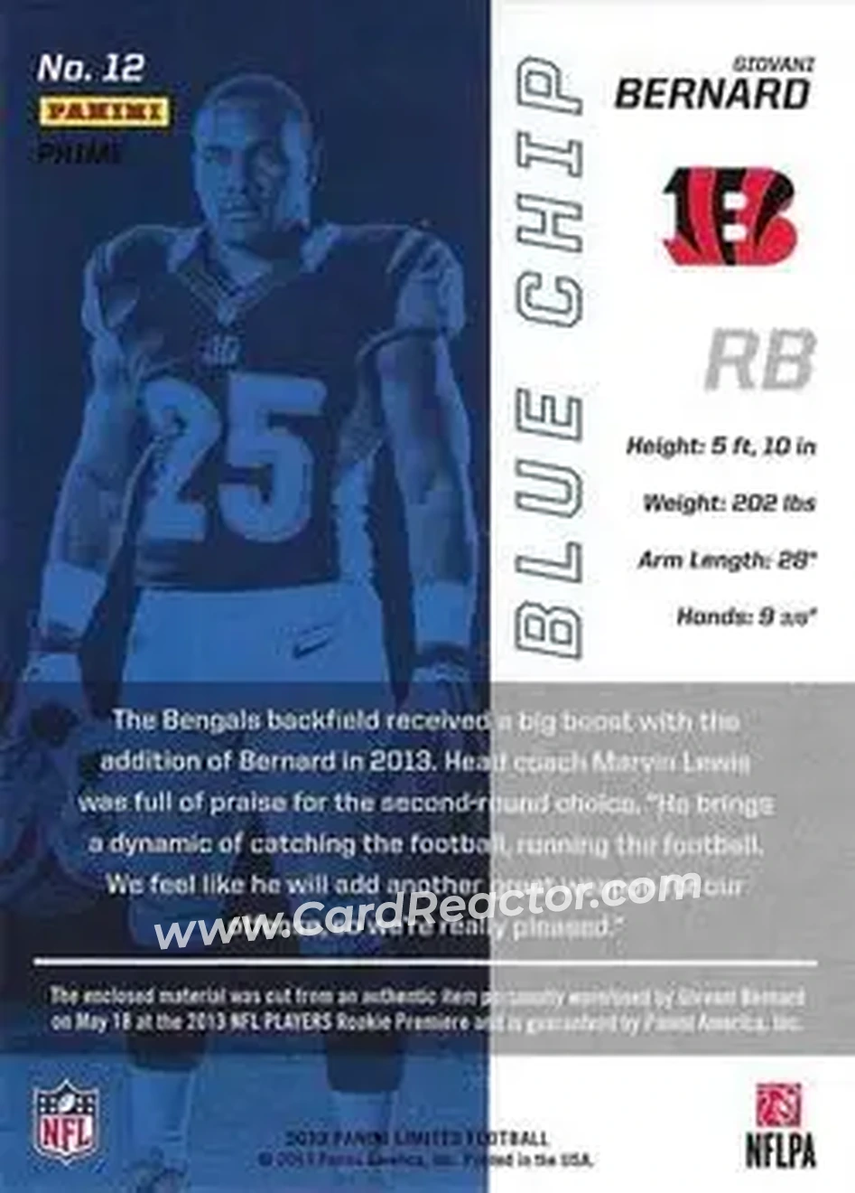 2013 Panini Limited - Blue Chip Jerseys Prime #12 - Giovani Bernard - Cincinnati Bengals - Back 2013 Panini Limited - Blue Chip Jerseys Prime #12 - Giovani Bernard - Cincinnati Bengals - Back