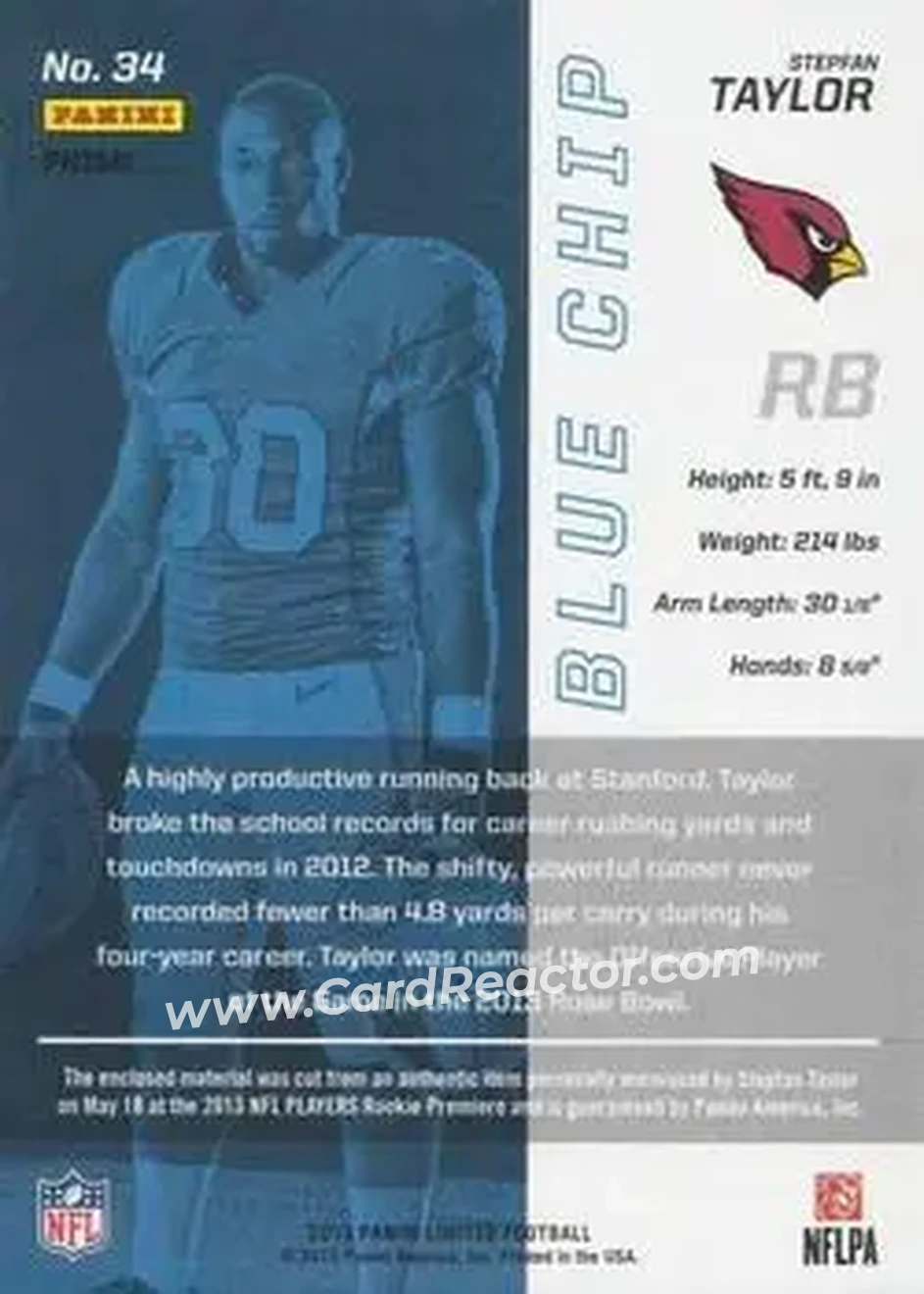 2013 Panini Limited - Blue Chip Jerseys Prime #34 - Stepfan Taylor - Arizona Cardinals - Back