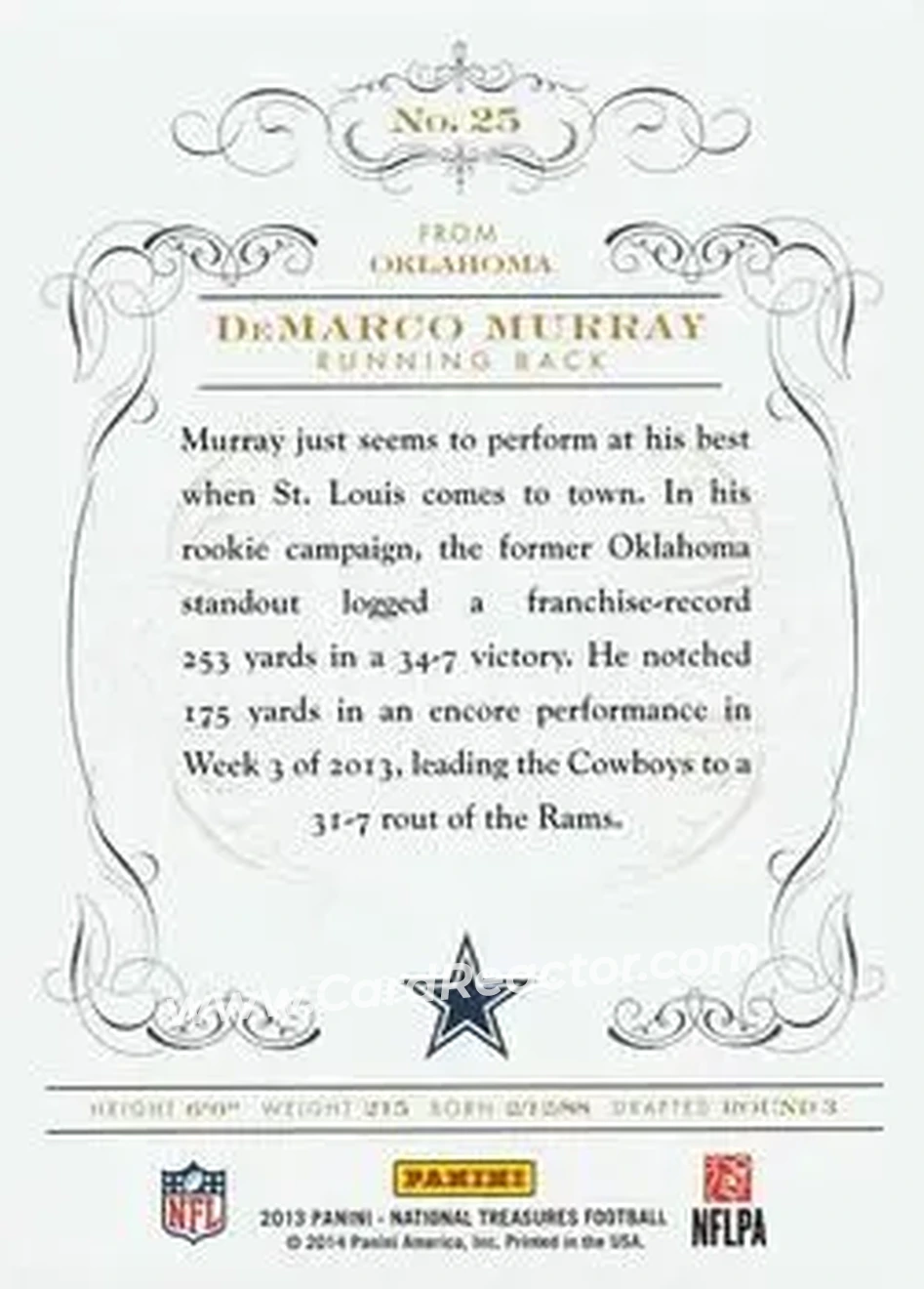 2013 Panini National Treasures #25 - DeMarco Murray - Dallas Cowboys - Back 2013 Panini National Treasures #25 - DeMarco Murray - Dallas Cowboys - Back