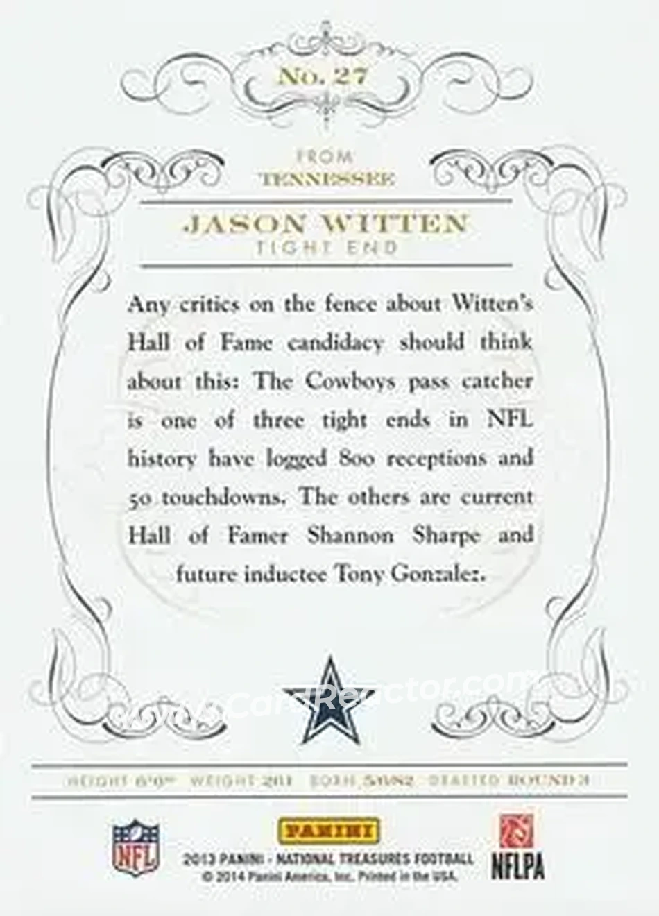 2013 Panini National Treasures #27 - Jason Witten - Dallas Cowboys - Back 2013 Panini National Treasures #27 - Jason Witten - Dallas Cowboys - Back