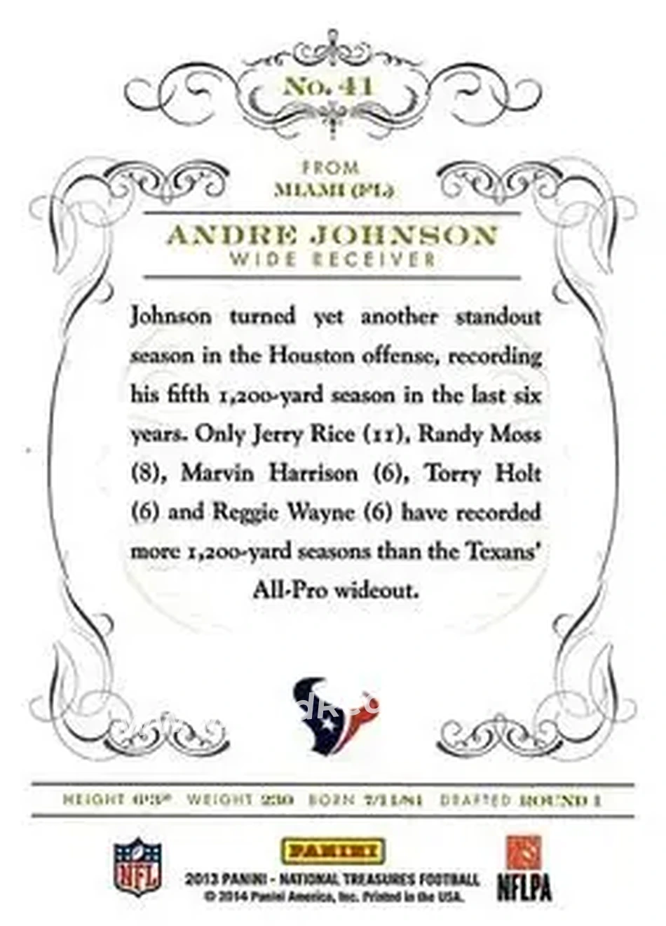 2013 Panini National Treasures #41 - Andre Johnson - Houston Texans - Back