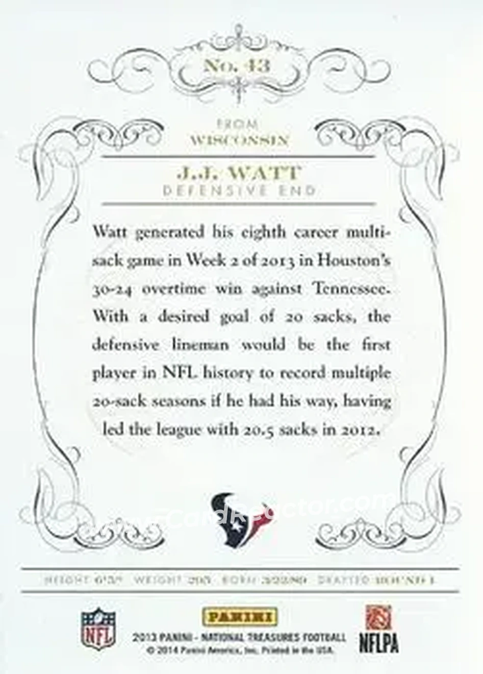 2013 Panini National Treasures #43 - J.J. Watt - Houston Texans - Back 2013 Panini National Treasures #43 - J.J. Watt - Houston Texans - Back