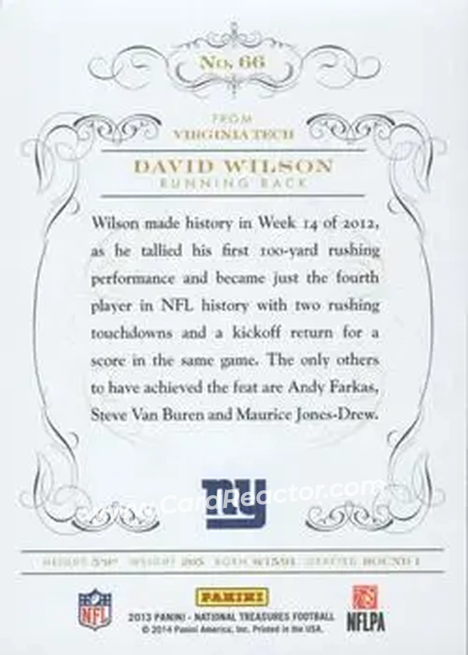 2013 Panini National Treasures #66 - David Wilson - New York Giants - Back