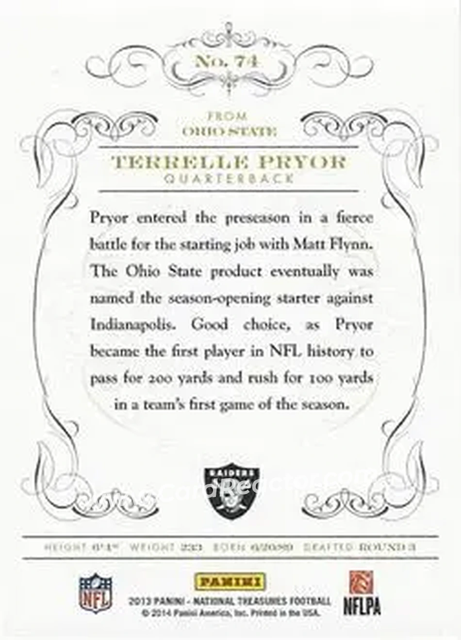 2013 Panini National Treasures #74 - Terrelle Pryor Sr. - Oakland Raiders - Back 2013 Panini National Treasures #74 - Terrelle Pryor Sr. - Oakland Raiders - Back