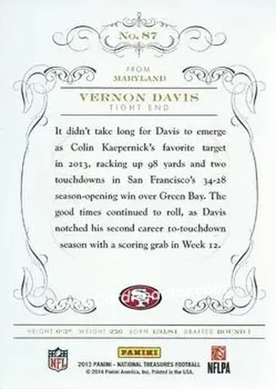 2013 Panini National Treasures #87 - Vernon Davis - San Francisco 49ers - Back