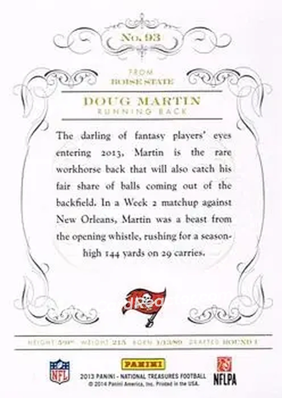 2013 Panini National Treasures #93 - Doug Martin - Tampa Bay Buccaneers - Back