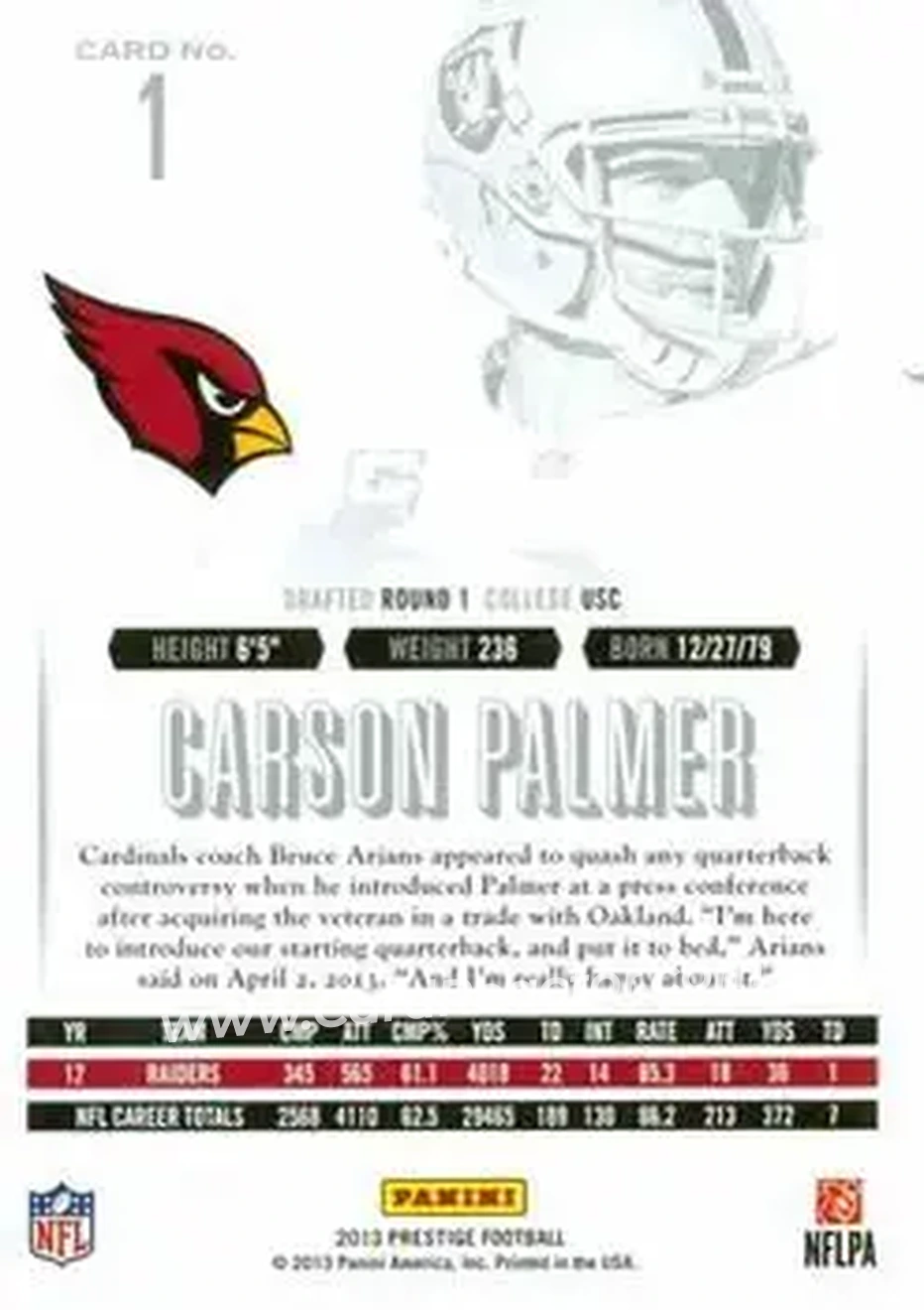 2013 Panini Prestige #1 - Carson Palmer - Arizona Cardinals - Back