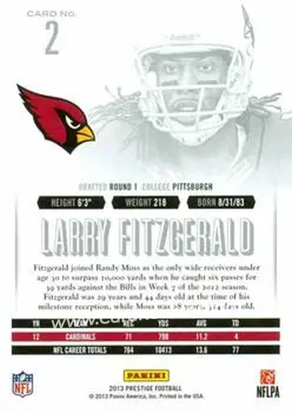 2013 Panini Prestige #2 - Larry Fitzgerald - Arizona Cardinals - Back 2013 Panini Prestige #2 - Larry Fitzgerald - Arizona Cardinals - Back