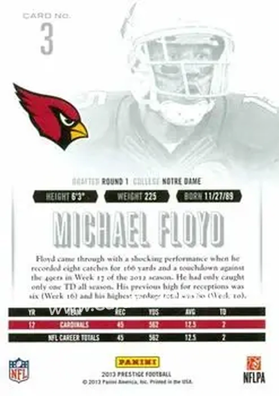2013 Panini Prestige #3 - Michael Floyd - Arizona Cardinals - Back