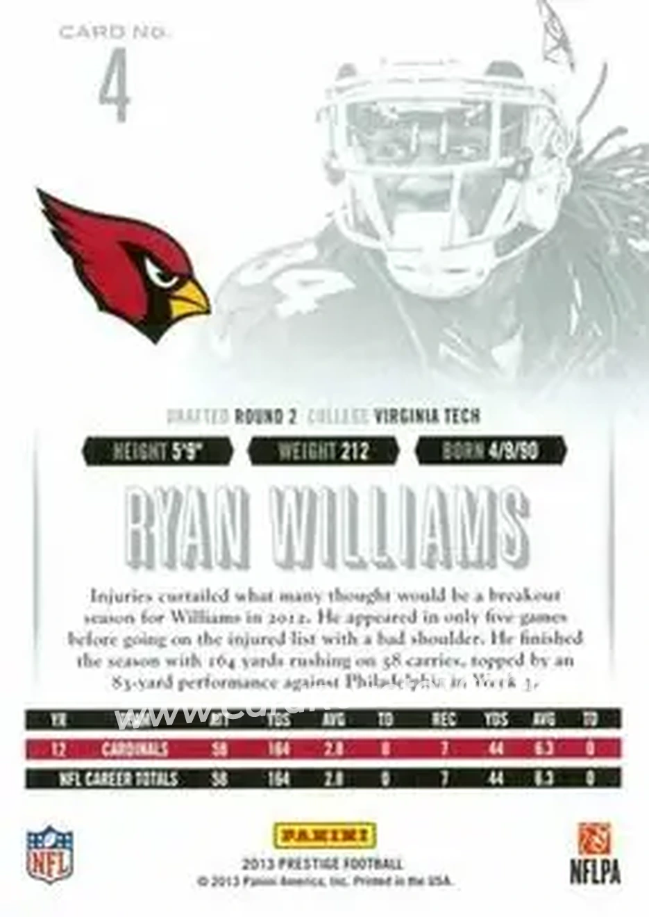2013 Panini Prestige #4 - Ryan Williams - Arizona Cardinals - Back