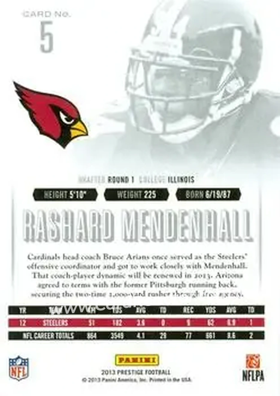 2013 Panini Prestige #5 - Rashard Mendenhall - Arizona Cardinals - Back
