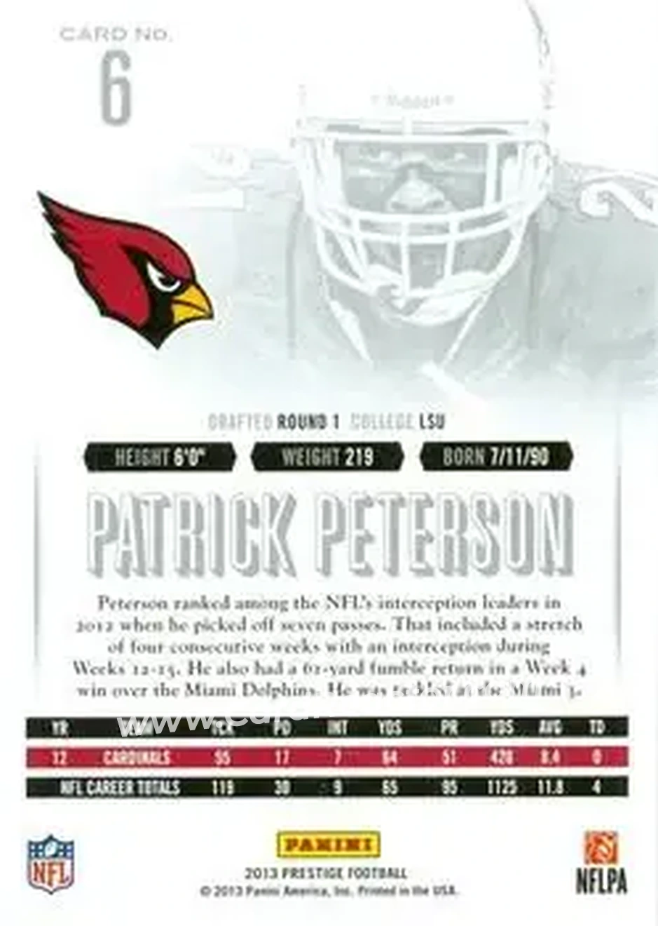 2013 Panini Prestige #6 - Patrick Peterson - Arizona Cardinals - Back