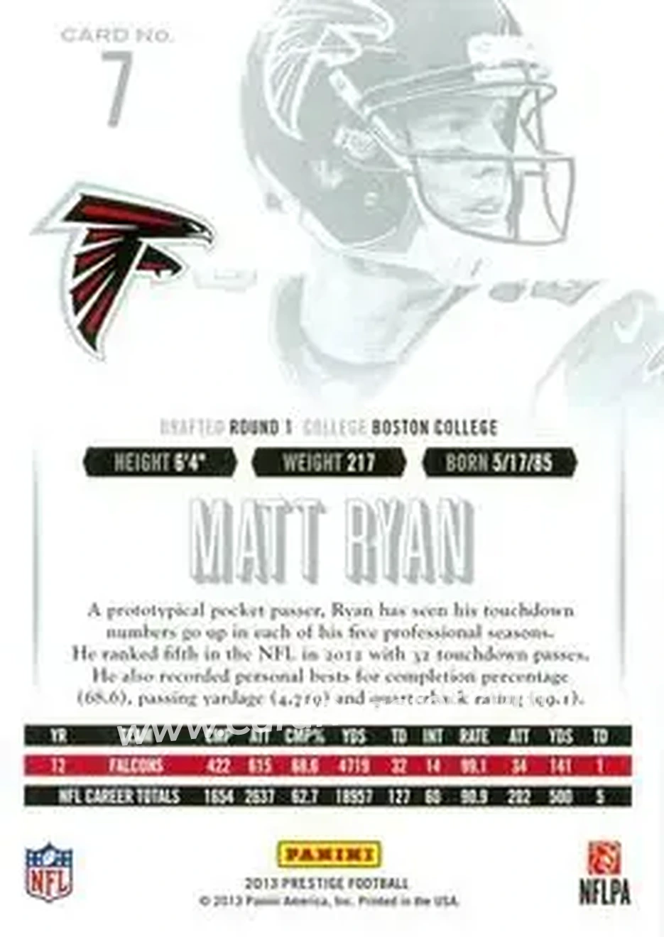 2013 Panini Prestige #7 - Matt Ryan - Atlanta Falcons - Back 2013 Panini Prestige #7 - Matt Ryan - Atlanta Falcons - Back