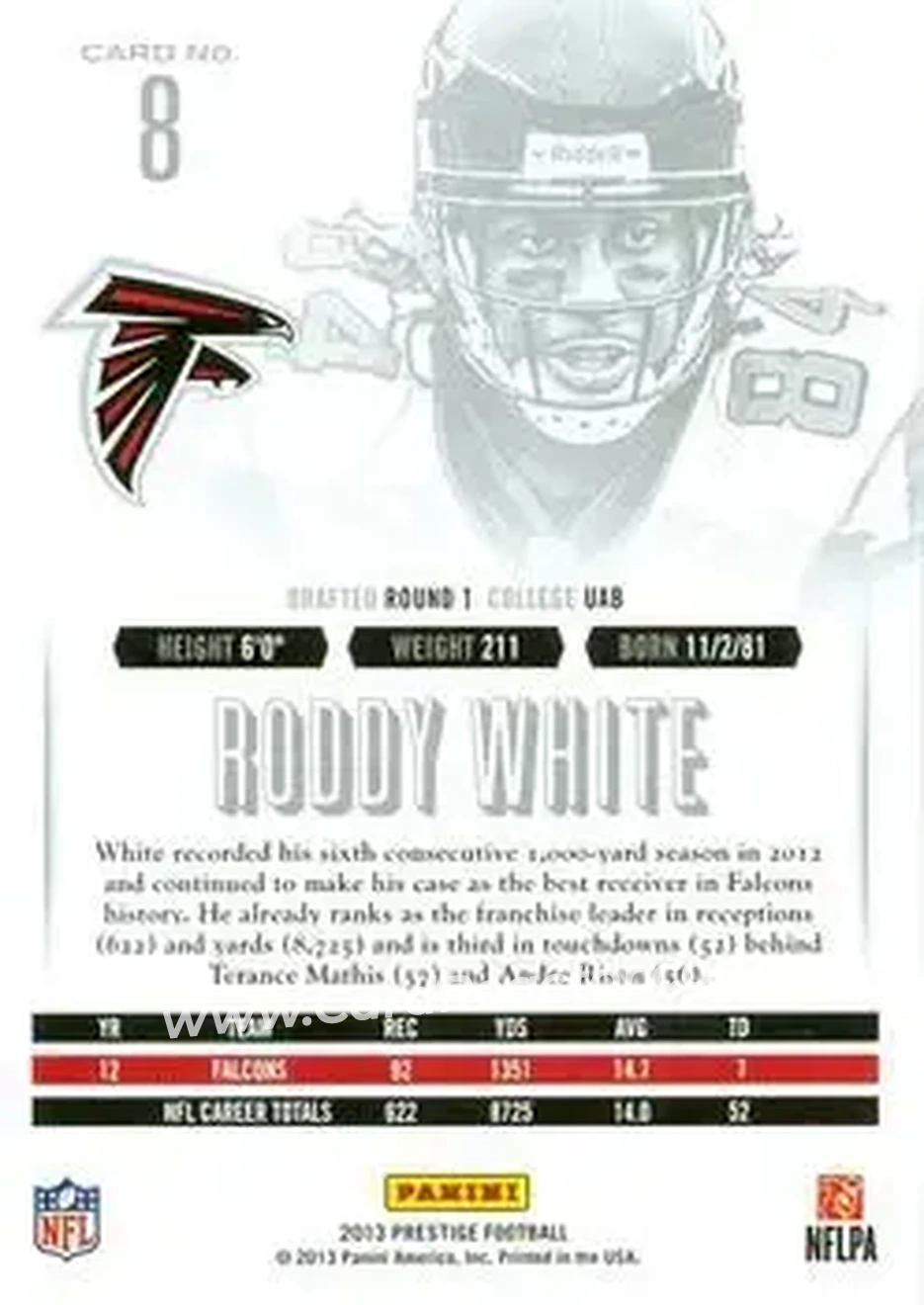 2013 Panini Prestige #8 - Roddy White - Atlanta Falcons - Back