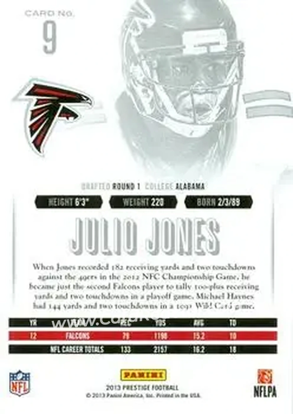 2013 Panini Prestige #9 - Julio Jones - Atlanta Falcons - Back