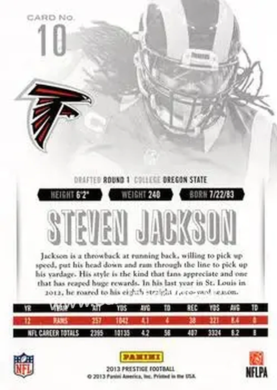 2013 Panini Prestige #10 - Steven Jackson - Atlanta Falcons - Back