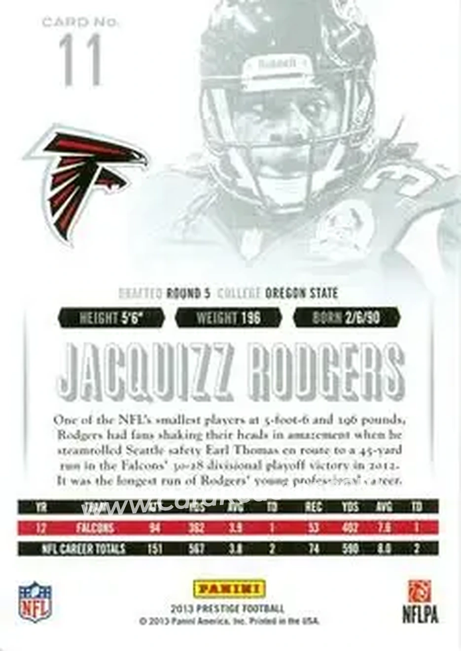 2013 Panini Prestige #11 - Jacquizz Rodgers - Atlanta Falcons - Back