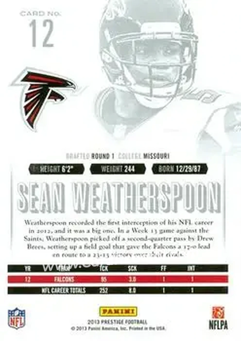 2013 Panini Prestige #12 - Sean Weatherspoon - Atlanta Falcons - Back