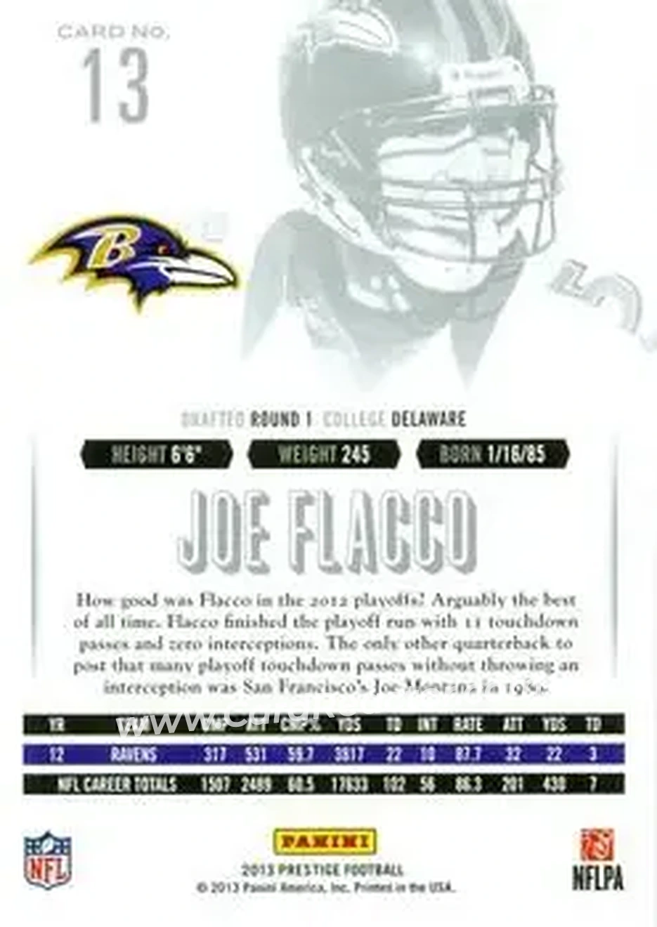 2013 Panini Prestige #13 - Joe Flacco - Baltimore Ravens - Back