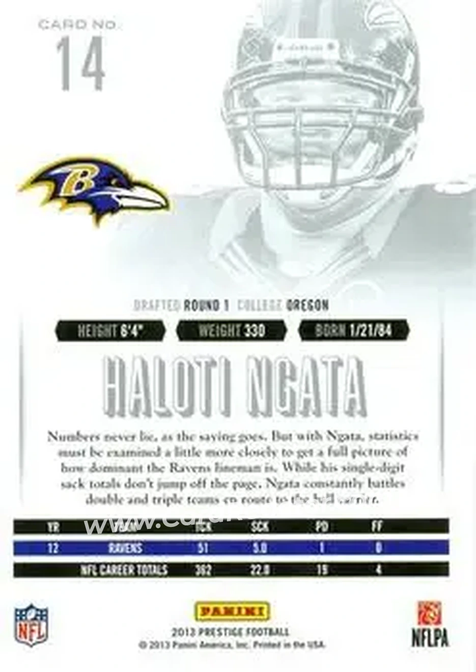 2013 Panini Prestige #14 - Haloti Ngata - Baltimore Ravens - Back