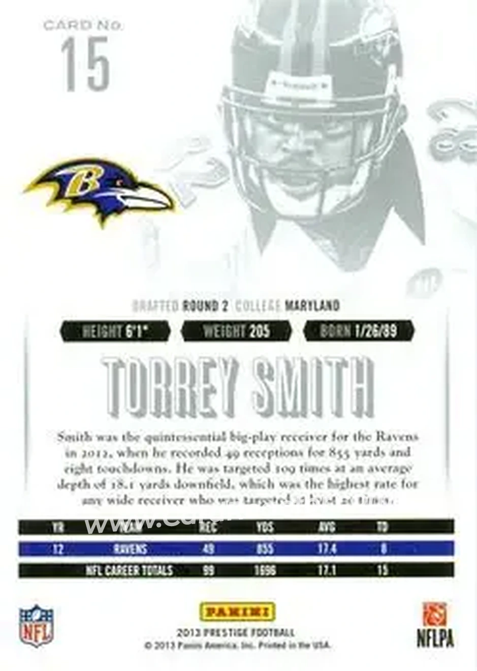 2013 Panini Prestige #15 - Torrey Smith - Baltimore Ravens - Back