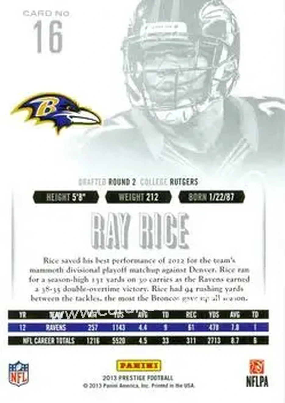 2013 Panini Prestige #16 - Ray Rice - Baltimore Ravens - Back