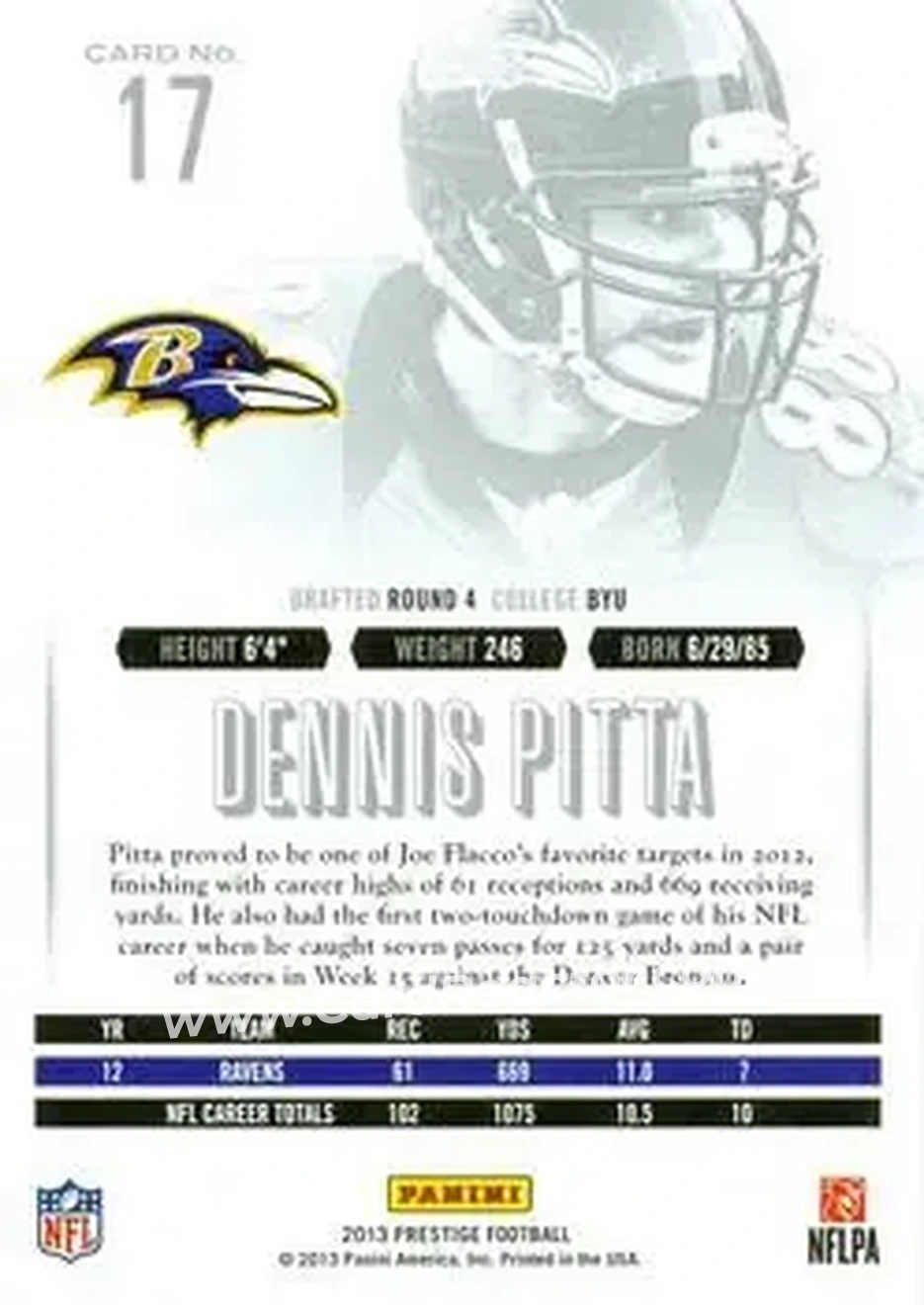 2013 Panini Prestige #17 - Dennis Pitta - Baltimore Ravens - Back