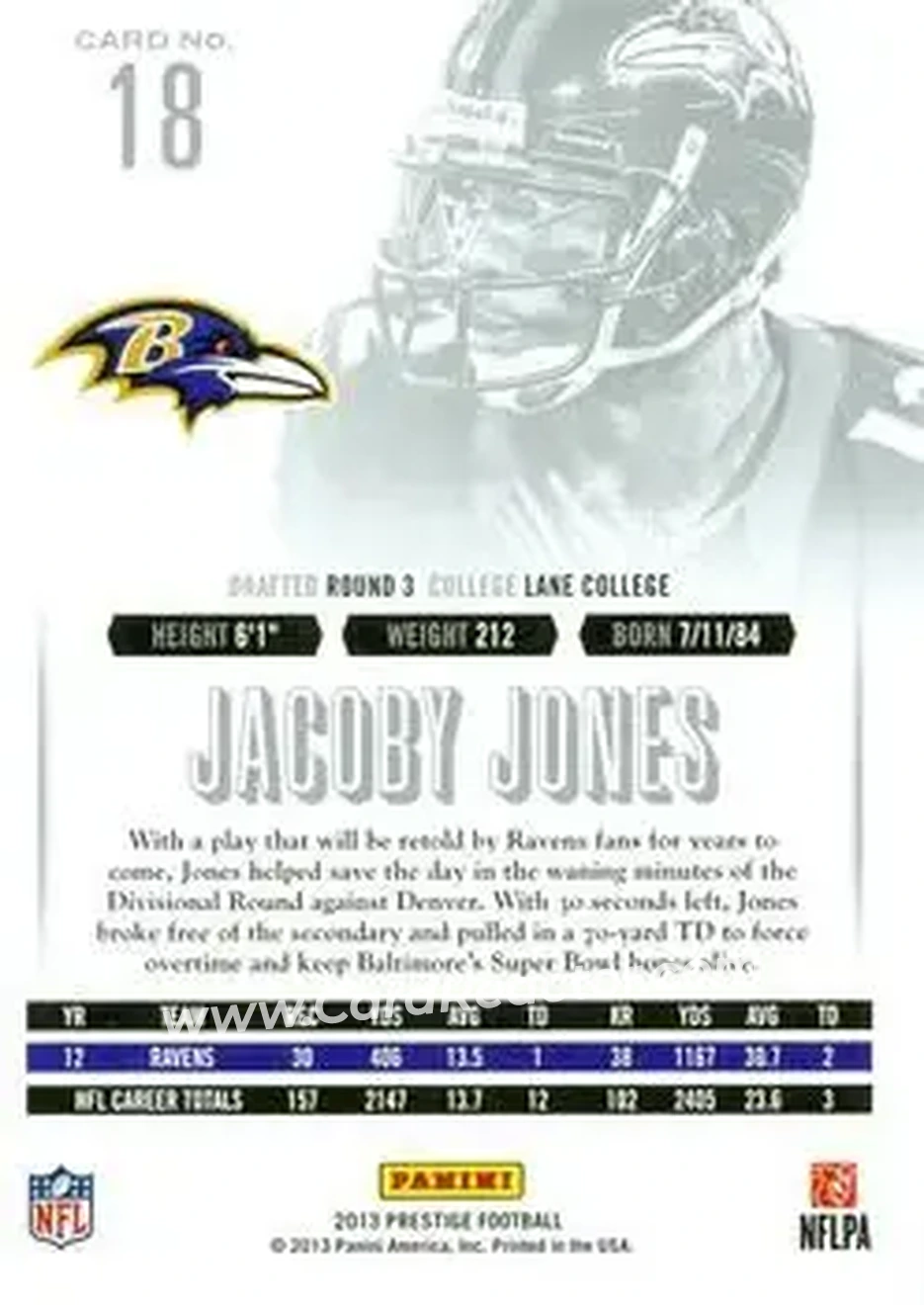 2013 Panini Prestige #18 - Jacoby Jones - Baltimore Ravens - Back