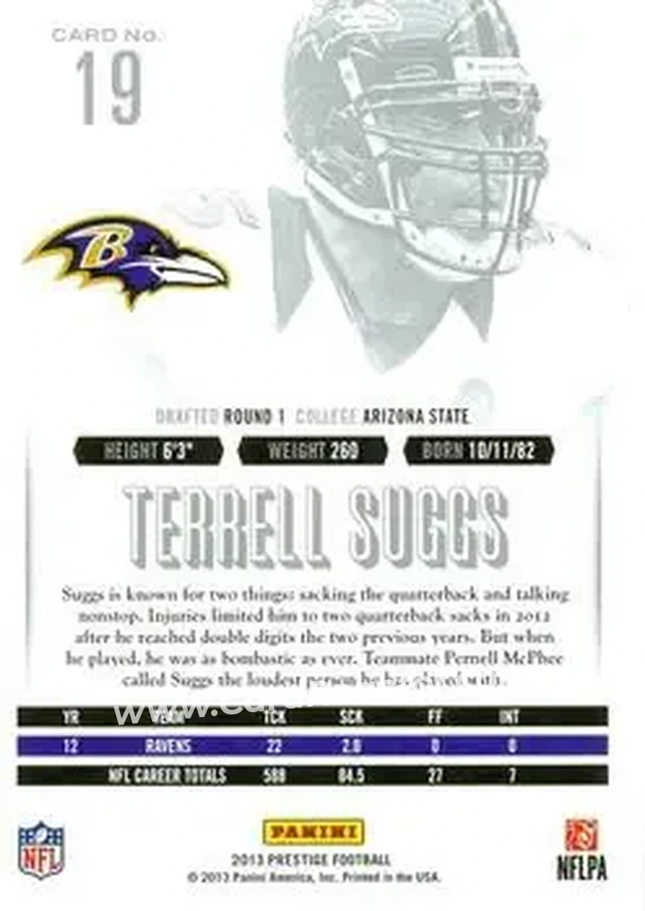 2013 Panini Prestige #19 - Terrell Suggs - Baltimore Ravens - Back