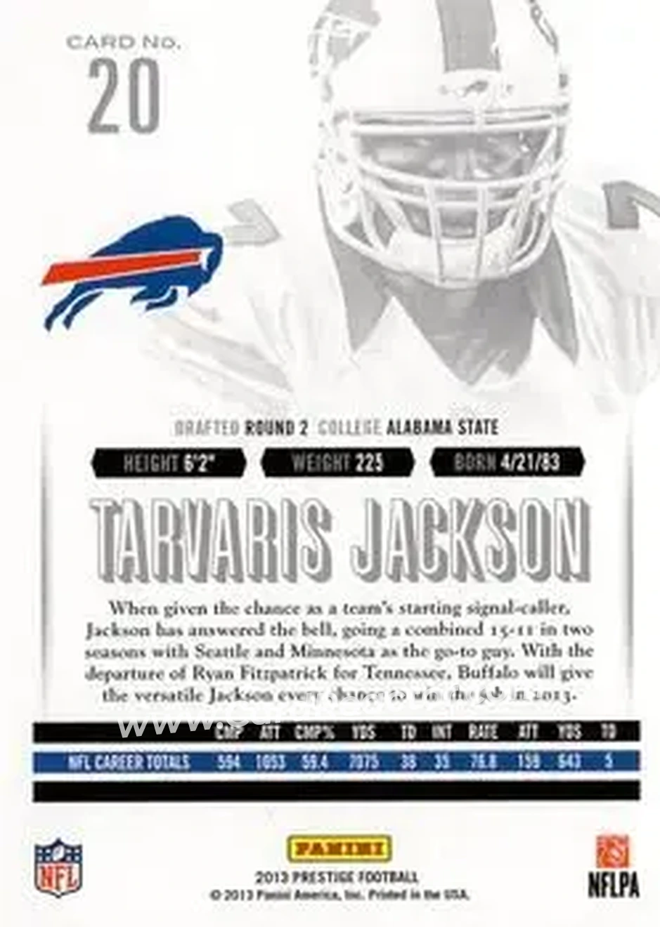 2013 Panini Prestige #20 - Tarvaris Jackson - Buffalo Bills - Back