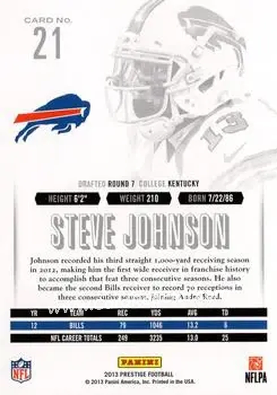 2013 Panini Prestige #21 - Steve Johnson - Buffalo Bills - Back