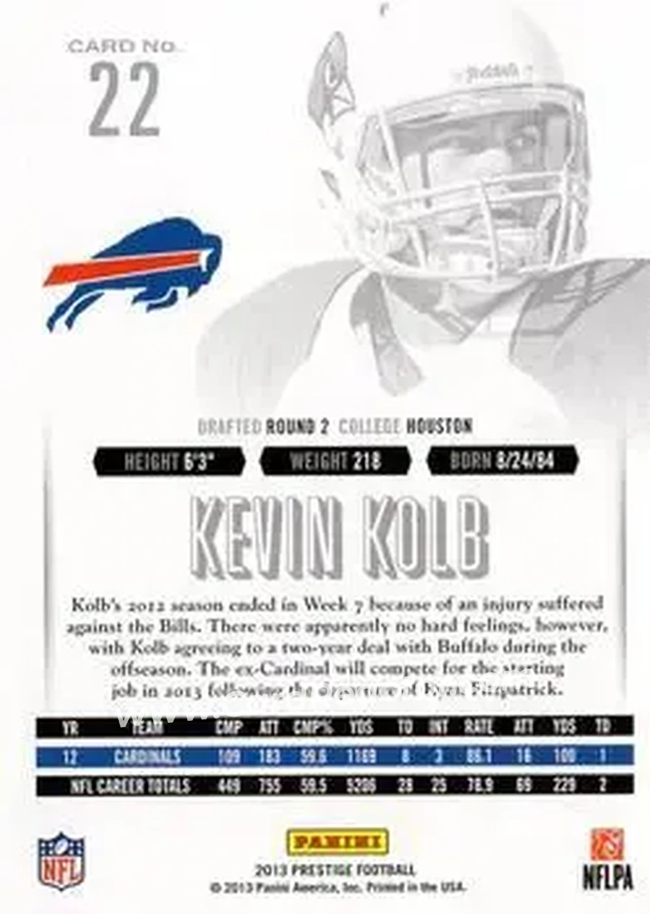 2013 Panini Prestige #22 - Kevin Kolb - Buffalo Bills - Back