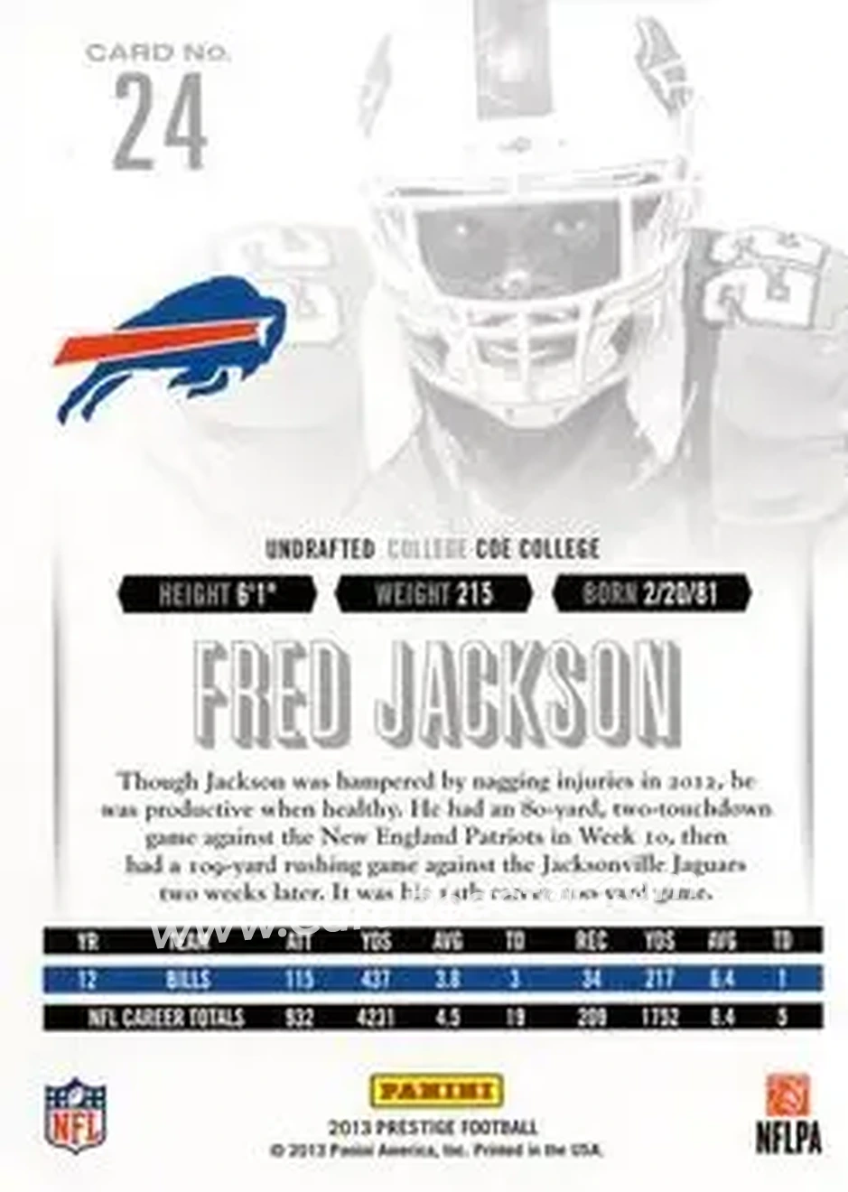 2013 Panini Prestige #24 - Fred Jackson - Buffalo Bills - Back