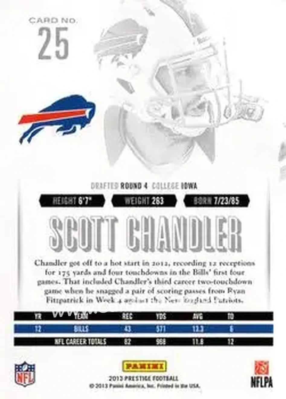 2013 Panini Prestige #25 - Scott Chandler - Buffalo Bills - Back