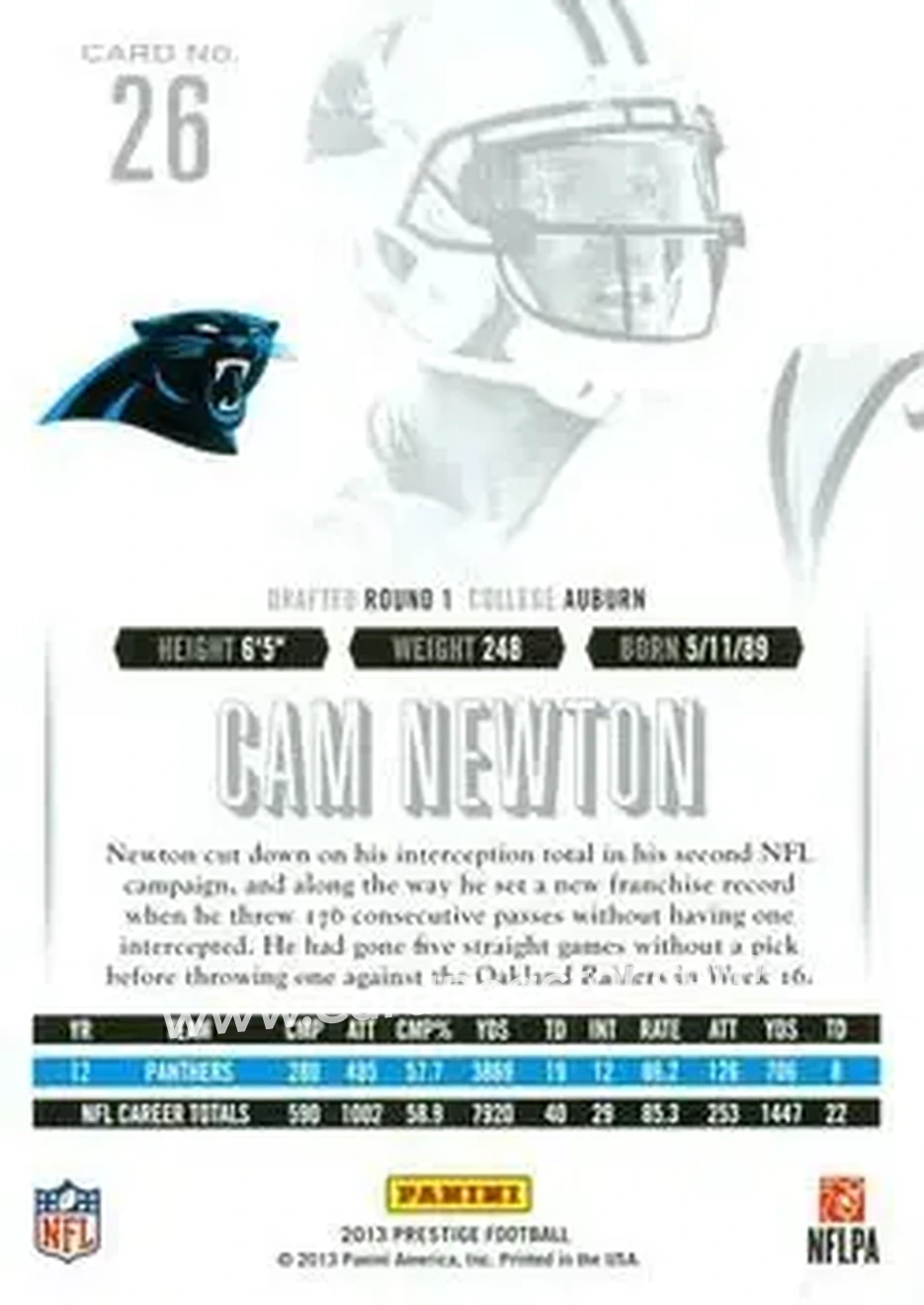 2013 Panini Prestige #26 - Cam Newton - Carolina Panthers - Back