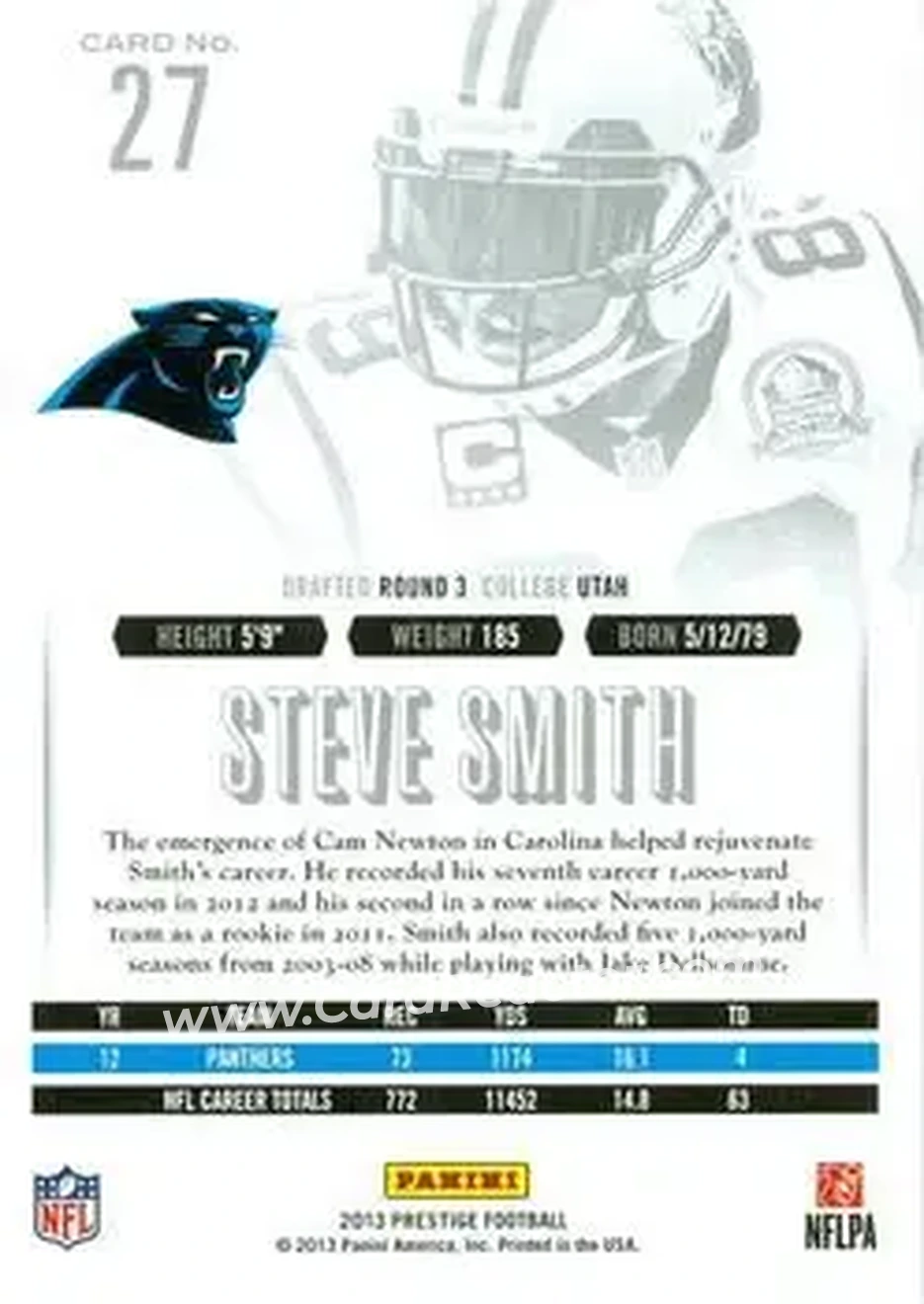 2013 Panini Prestige #27 - Steve Smith Sr. - Carolina Panthers - Back