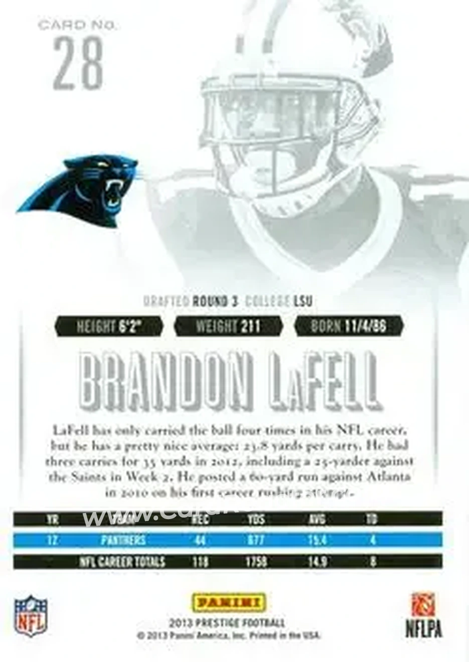 2013 Panini Prestige #28 - Brandon LaFell - Carolina Panthers - Back