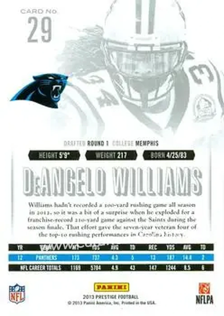 2013 Panini Prestige #29 - DeAngelo Williams - Carolina Panthers - Back