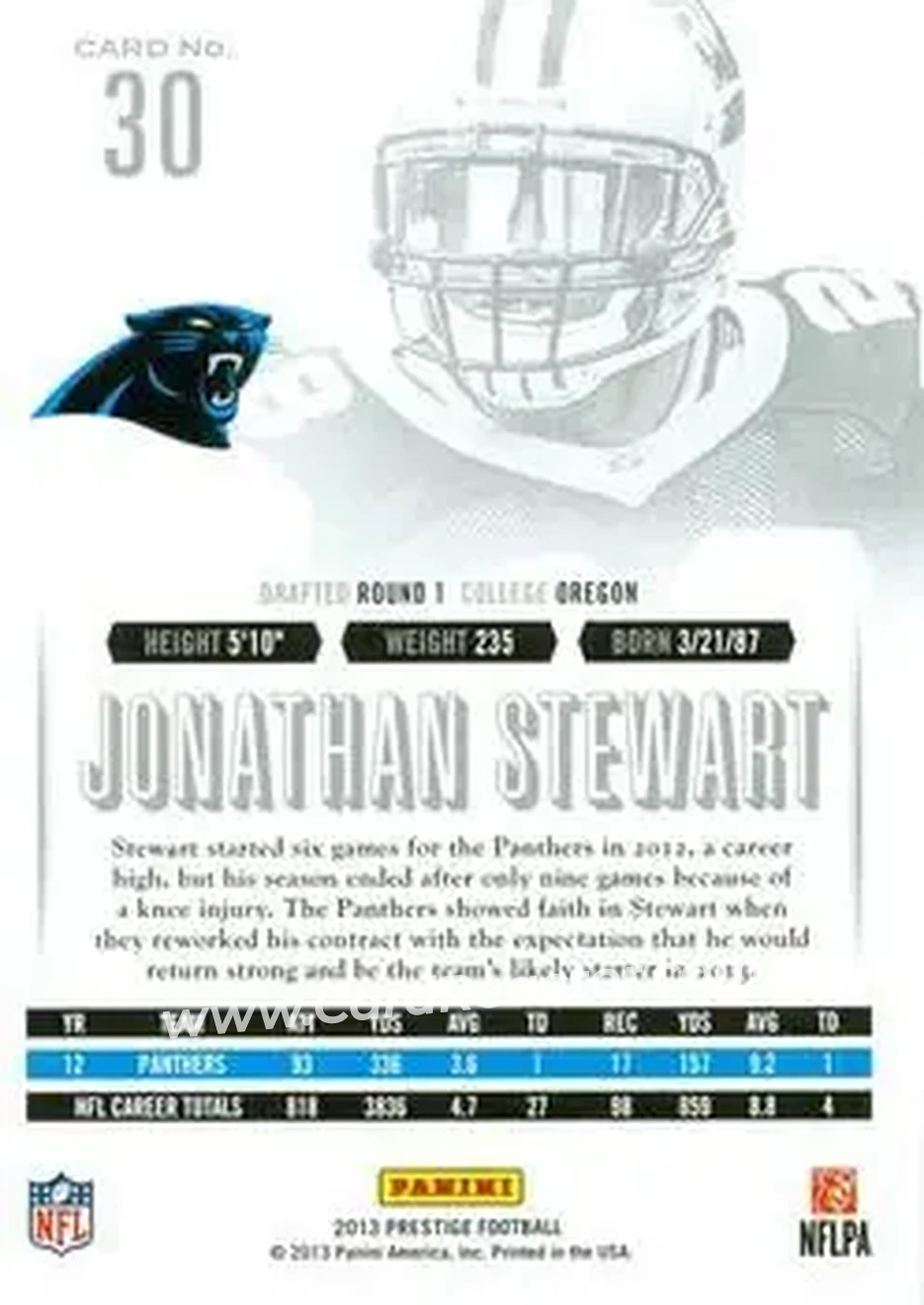 2013 Panini Prestige #30 - Jonathan Stewart - Carolina Panthers - Back