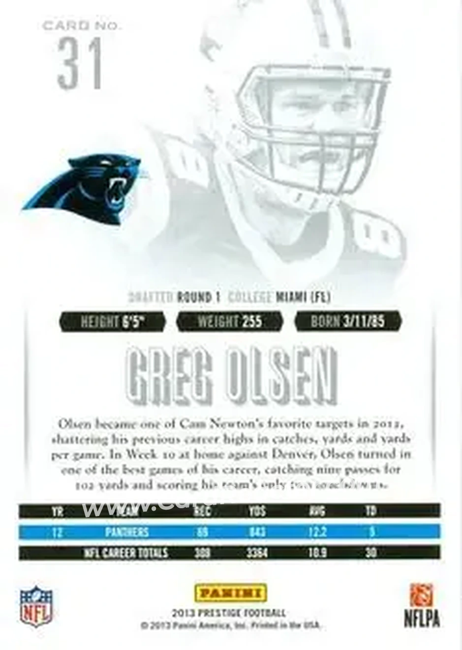 2013 Panini Prestige #31 - Greg Olsen - Carolina Panthers - Back