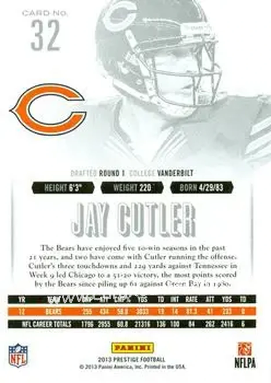 2013 Panini Prestige #32 - Jay Cutler - Chicago Bears - Back
