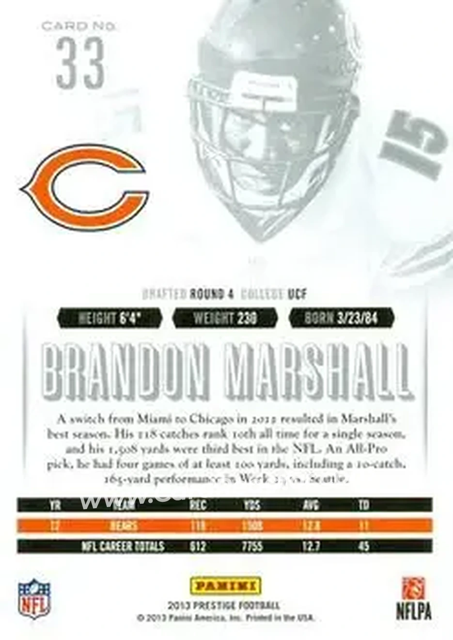 2013 Panini Prestige #33 - Brandon Marshall - Chicago Bears - Back