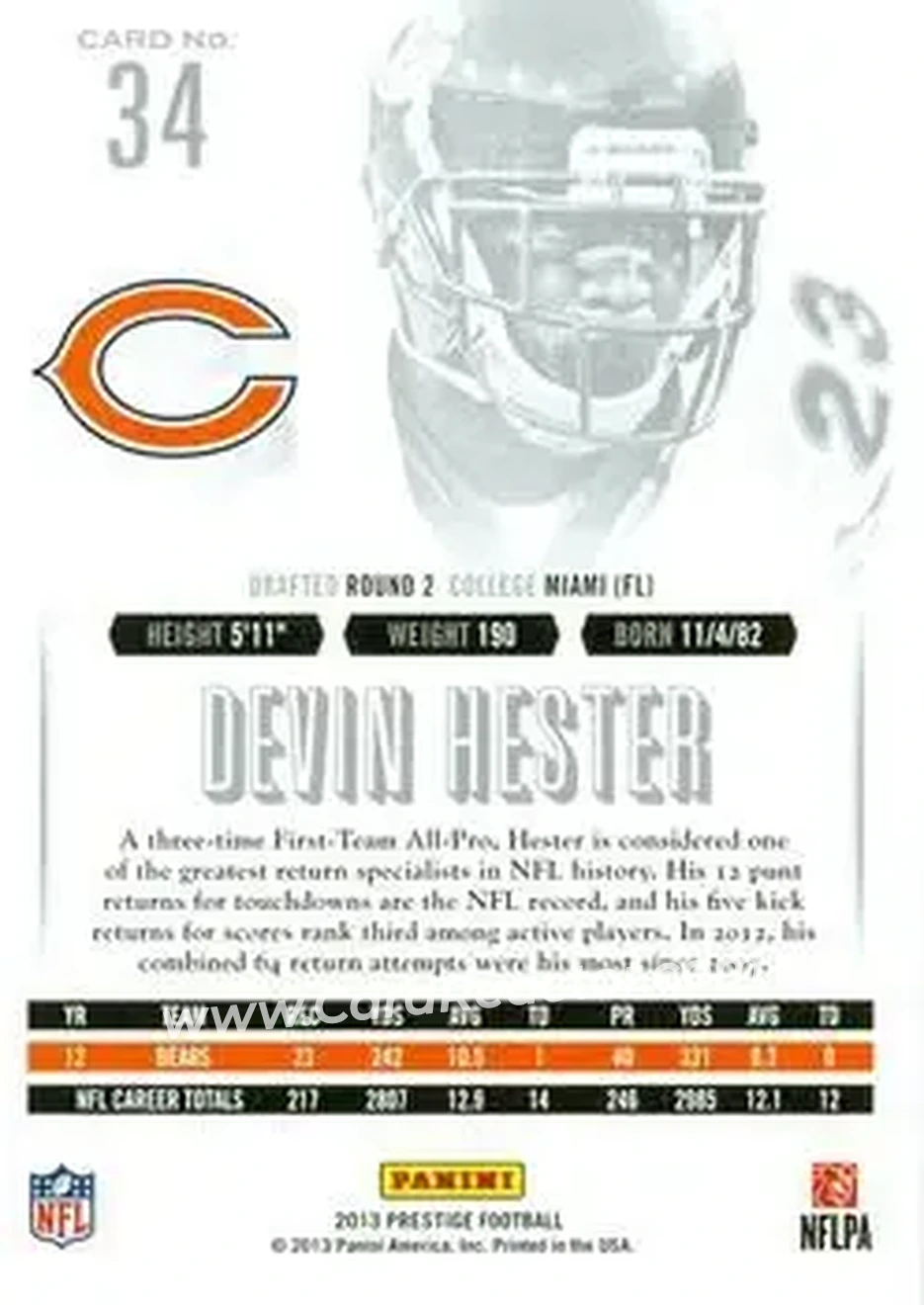 2013 Panini Prestige #34 - Devin Hester - Chicago Bears - Back