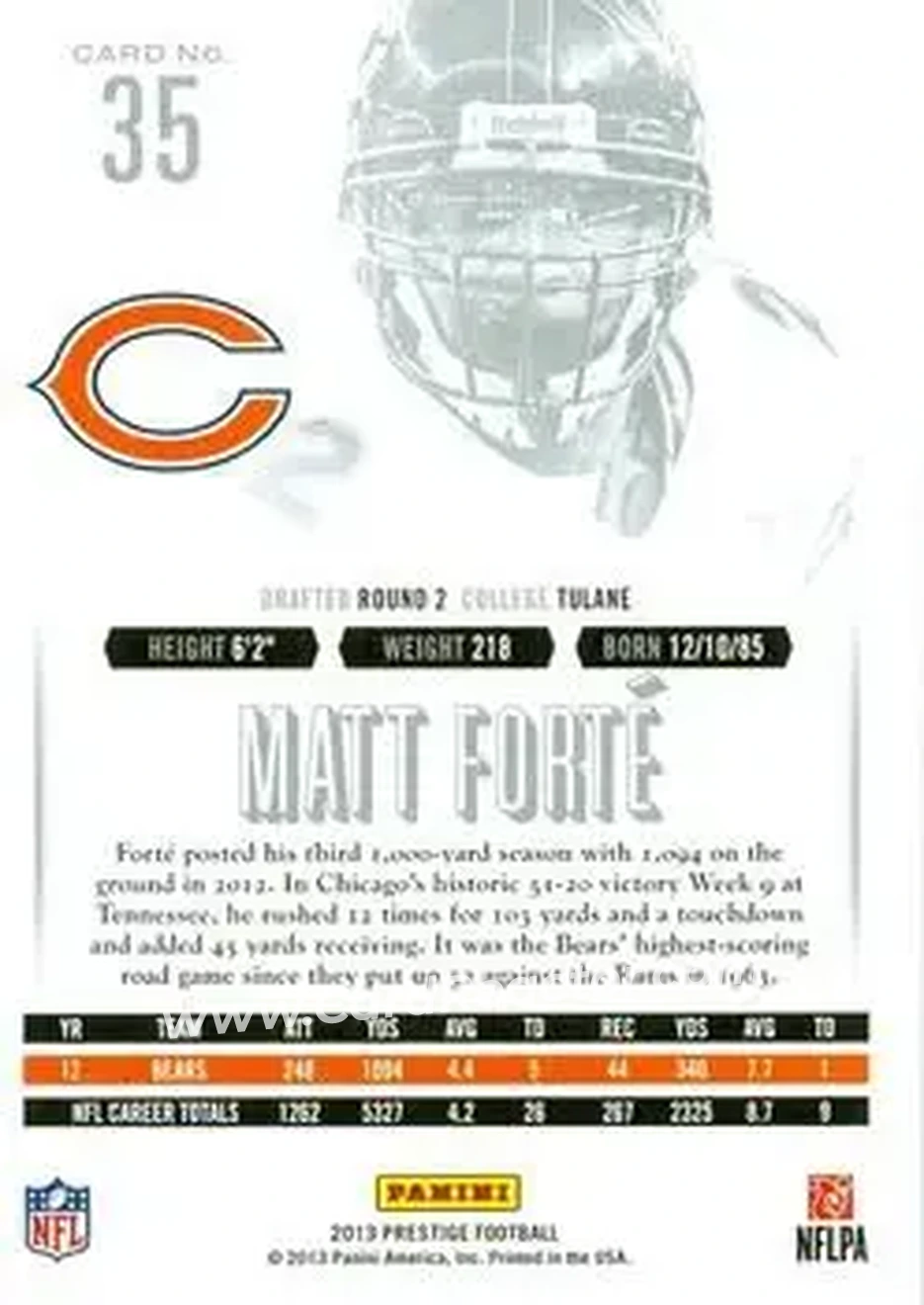 2013 Panini Prestige #35 - Matt Forte - Chicago Bears - Back