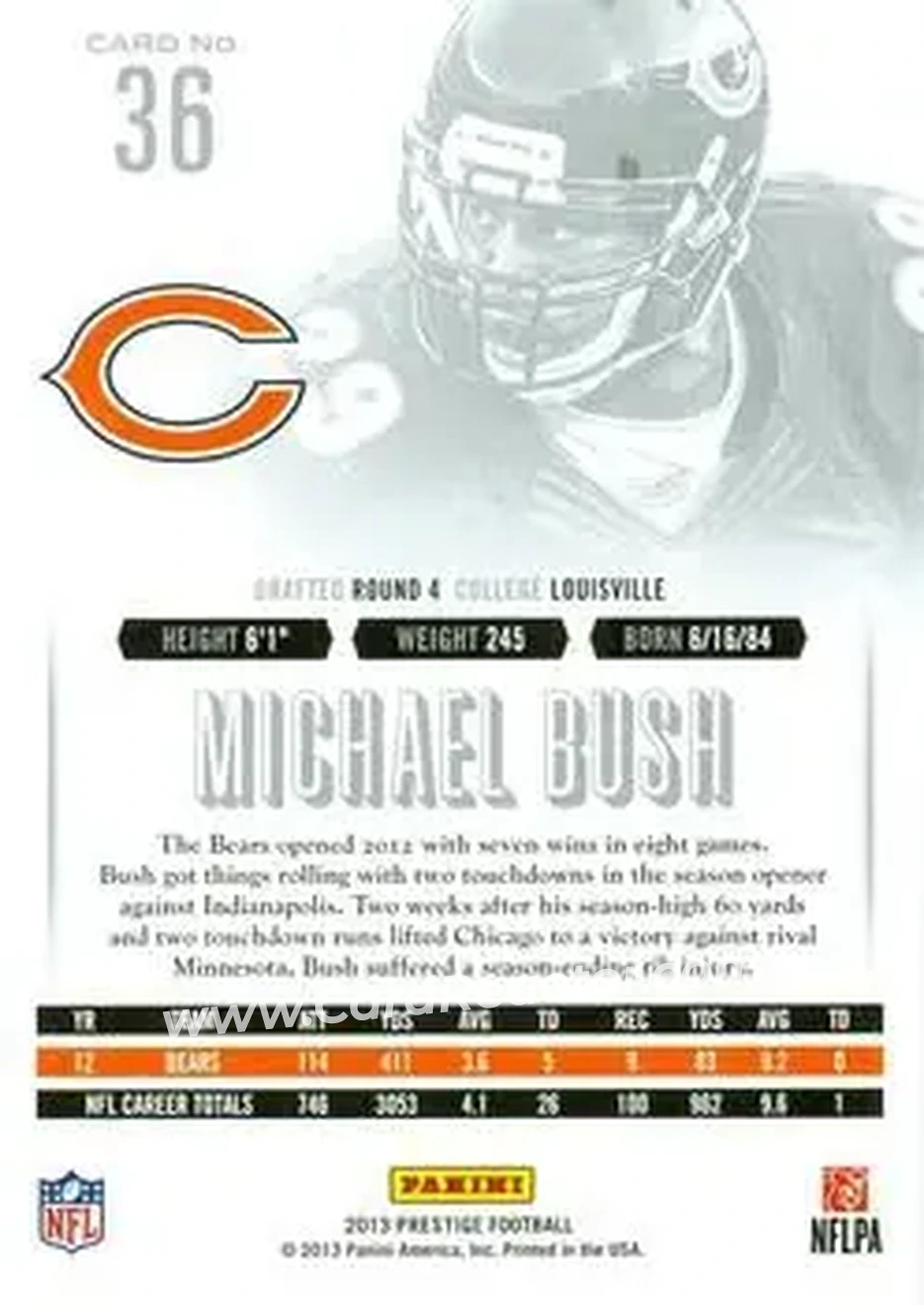 2013 Panini Prestige #36 - Michael Bush - Chicago Bears - Back