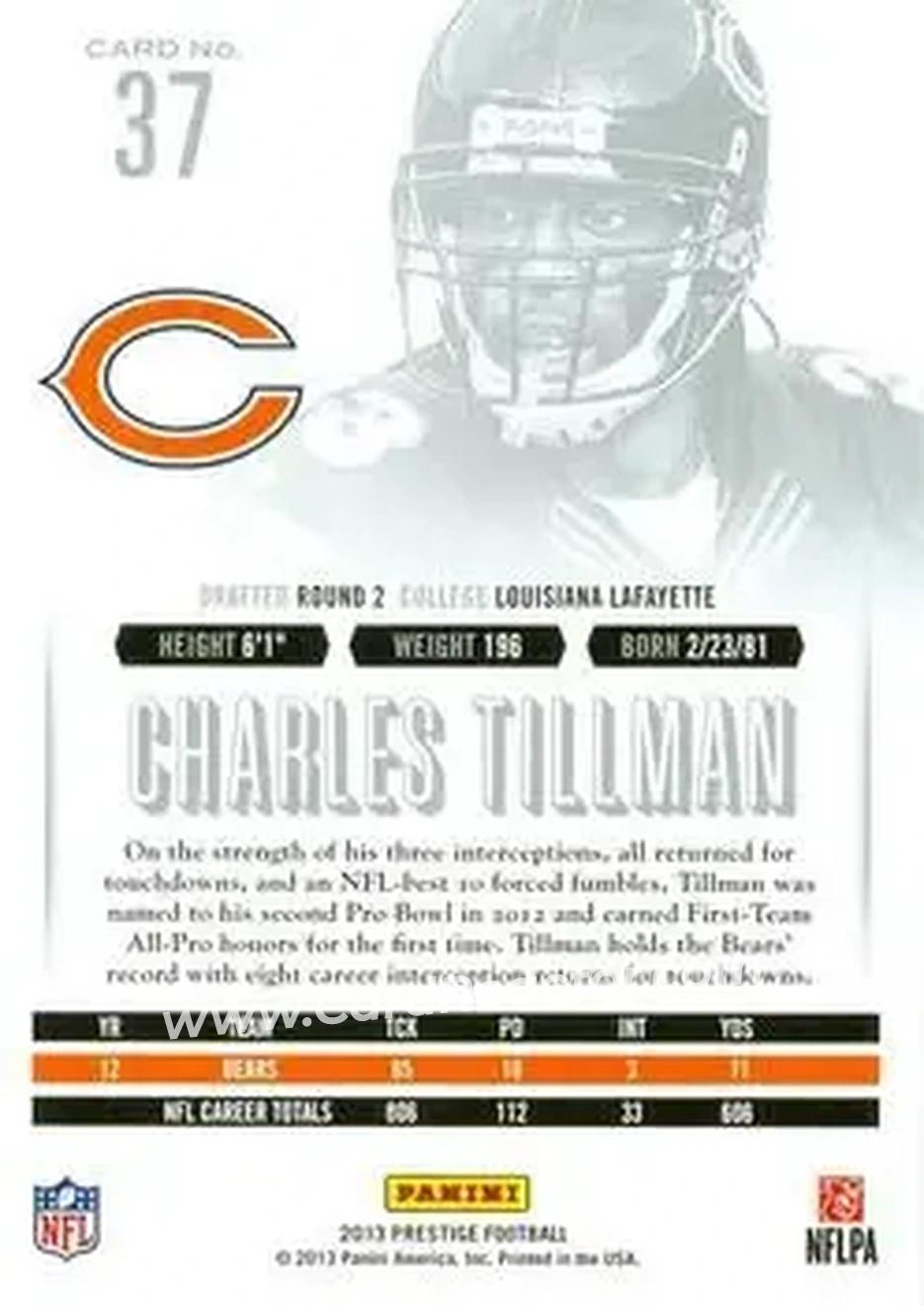 2013 Panini Prestige #37 - Charles Tillman - Chicago Bears - Back