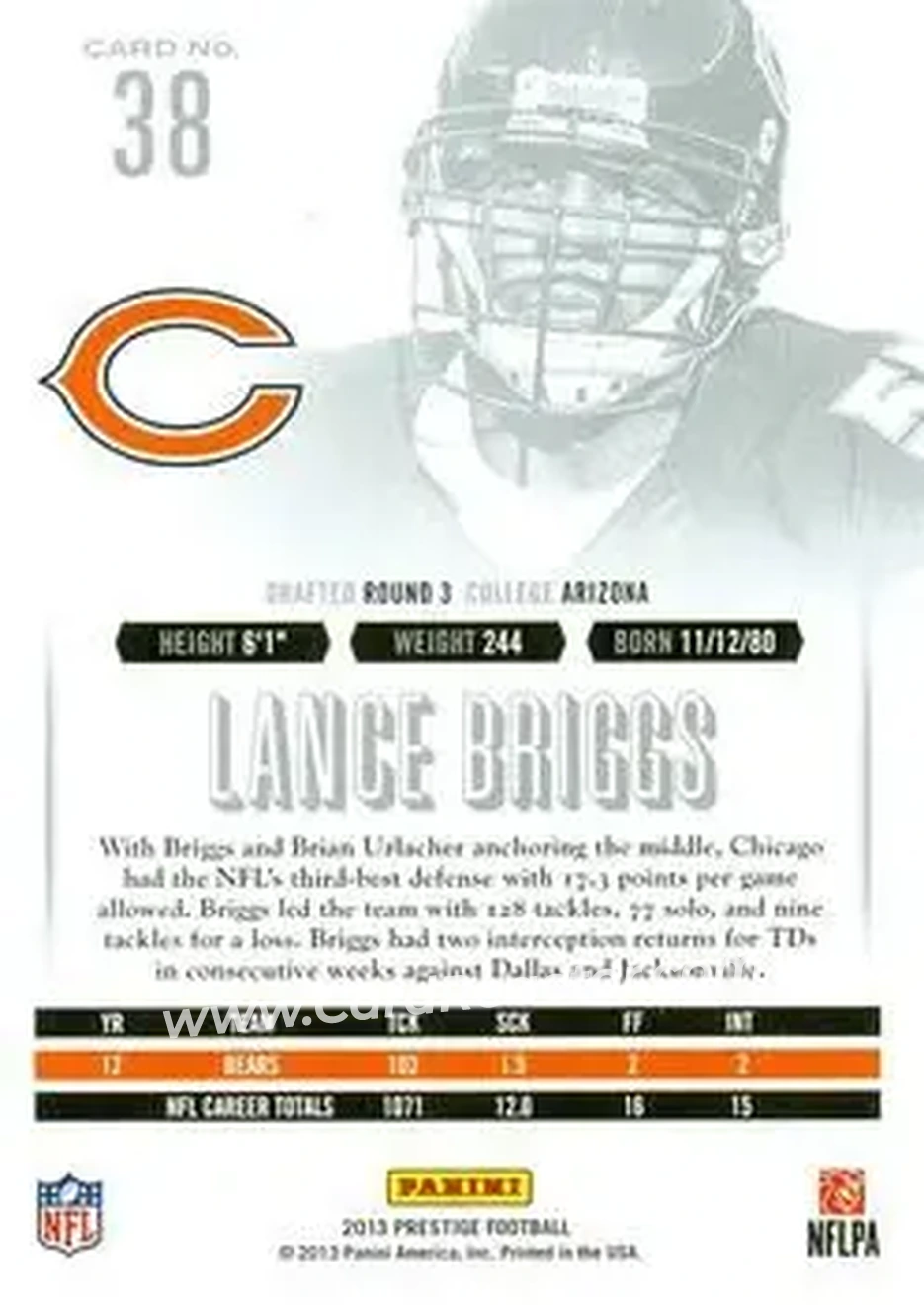 2013 Panini Prestige #38 - Lance Briggs - Chicago Bears - Back